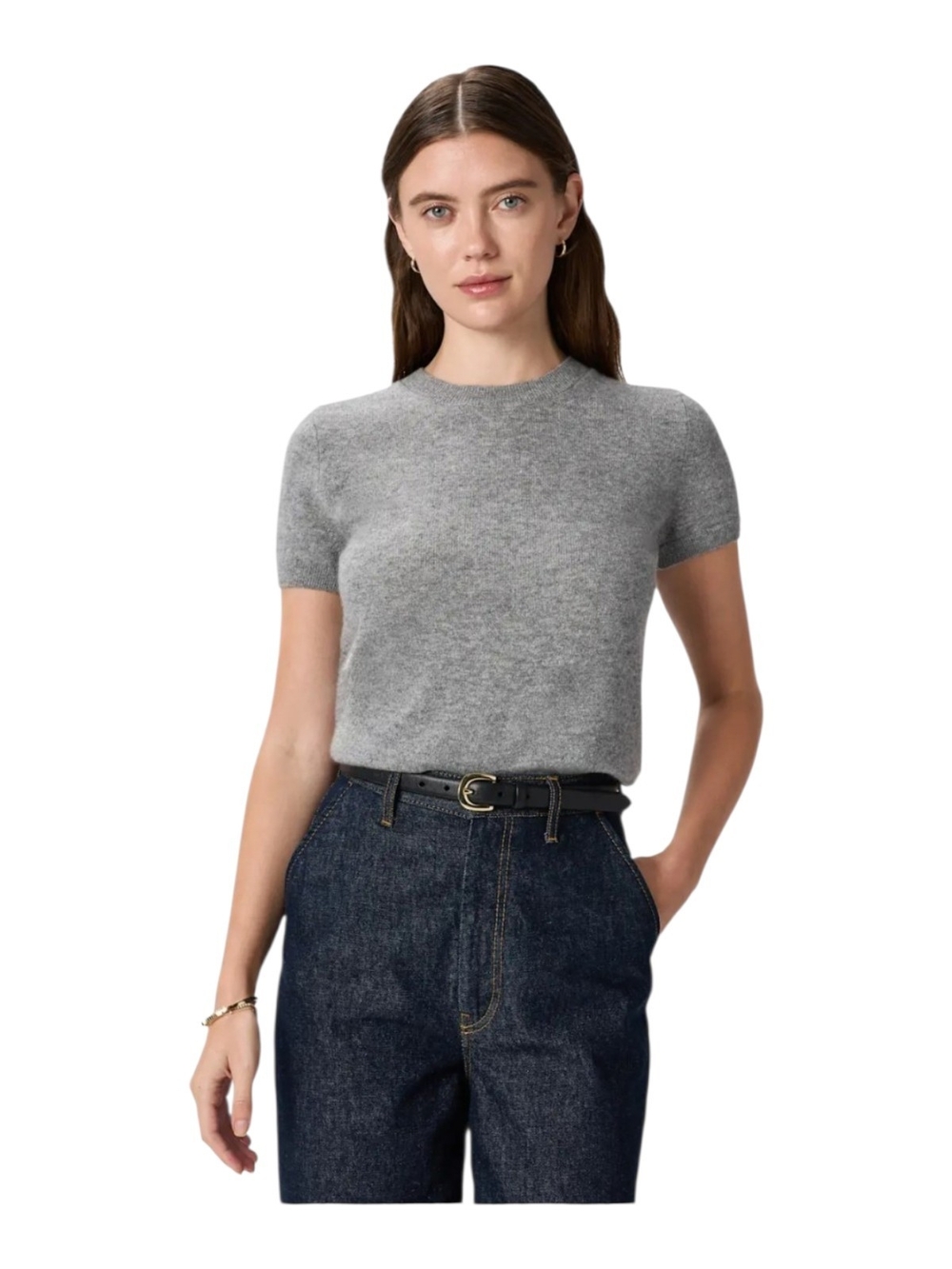 Quince 100% Cashmere Gray Short-Sleeve Crewneck Knit Top
